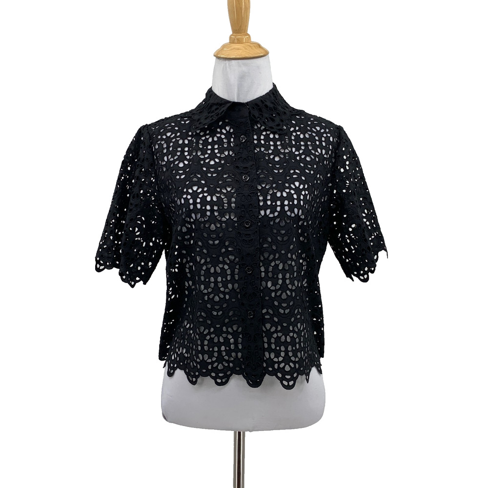 Frame Top Womens XS Extra Small Black The Petal Eyelet Cropped Half Sleeve Shirt